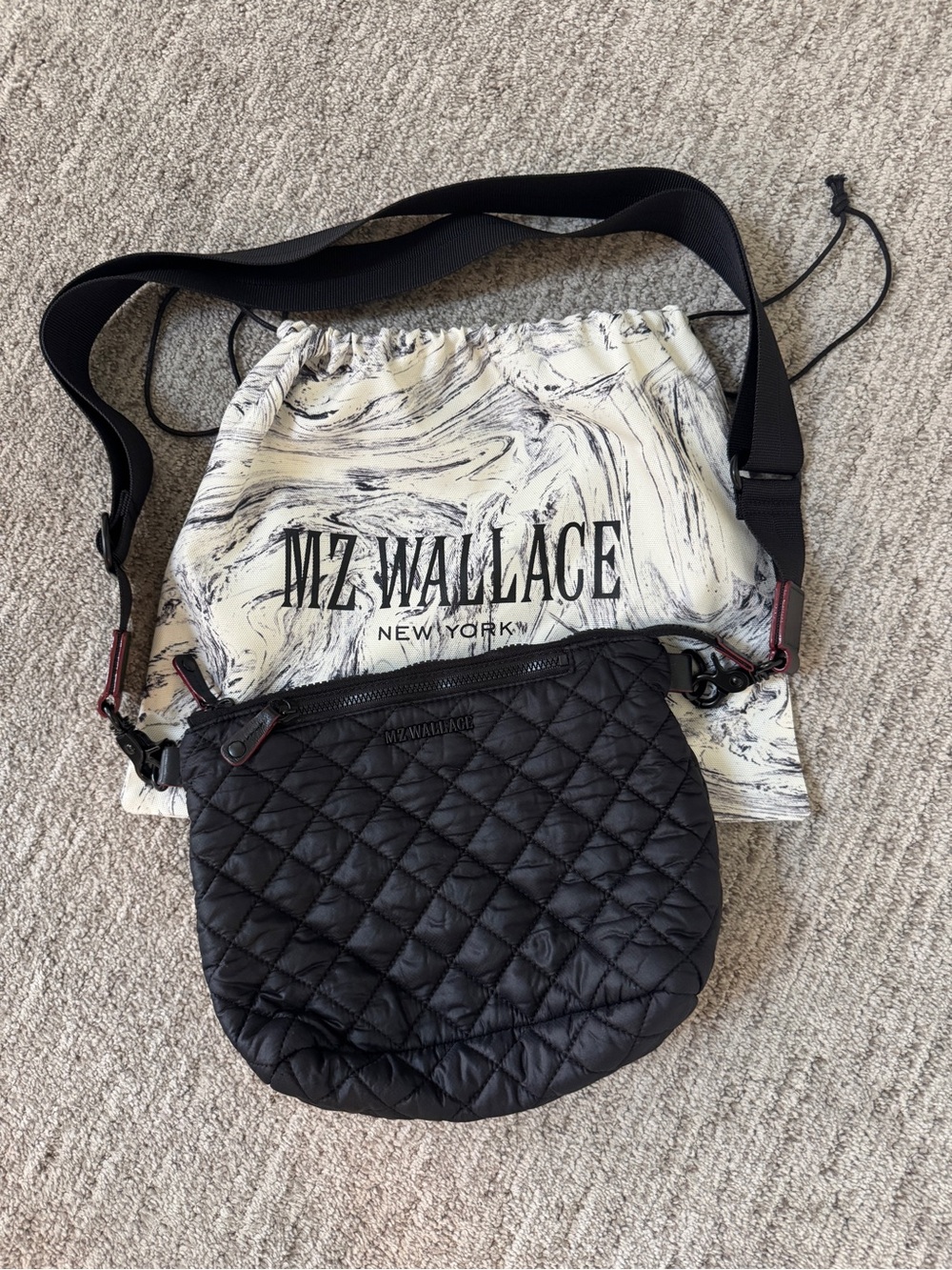 MZ Wallace Black Quilted Nylon Crossbody with Adjustable Strap and Leather Trim